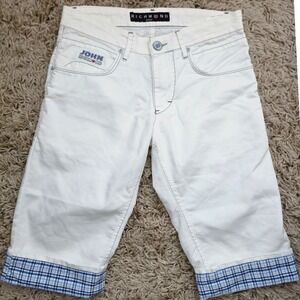 John Richmond Denim White Bermuda Shorts Plaid Cuffs Made in Italy Size 29/US 8